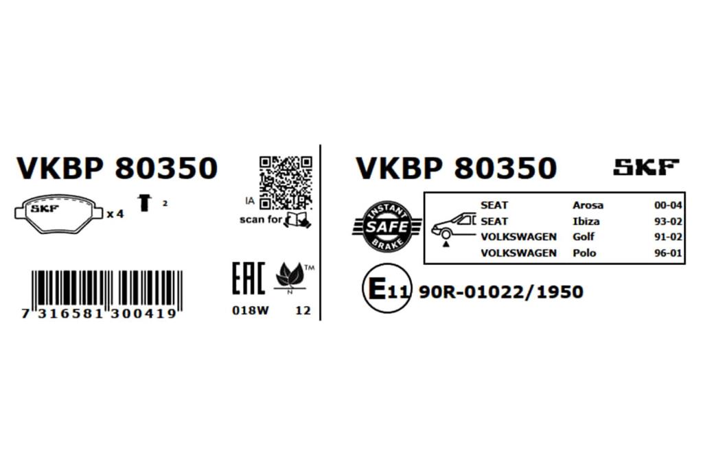 Jogo de 4 pastilhas de travão SKF ref. VKBP 80350